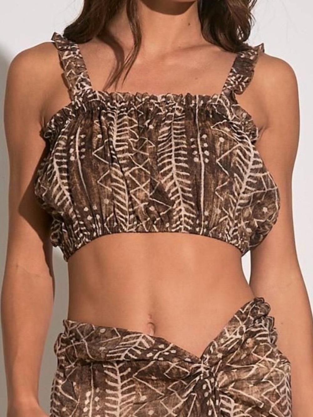 Elan Brown Tribal-Print Smocked Crop Top